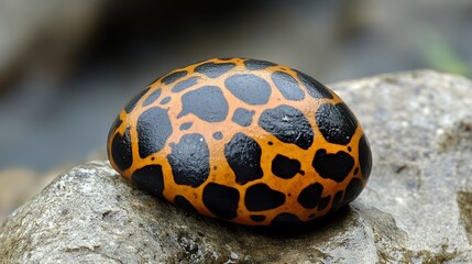 Orange-black snail shell on rock near stream