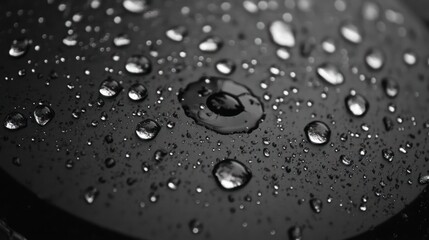 Close-up of water droplets on a dark, smooth surface.