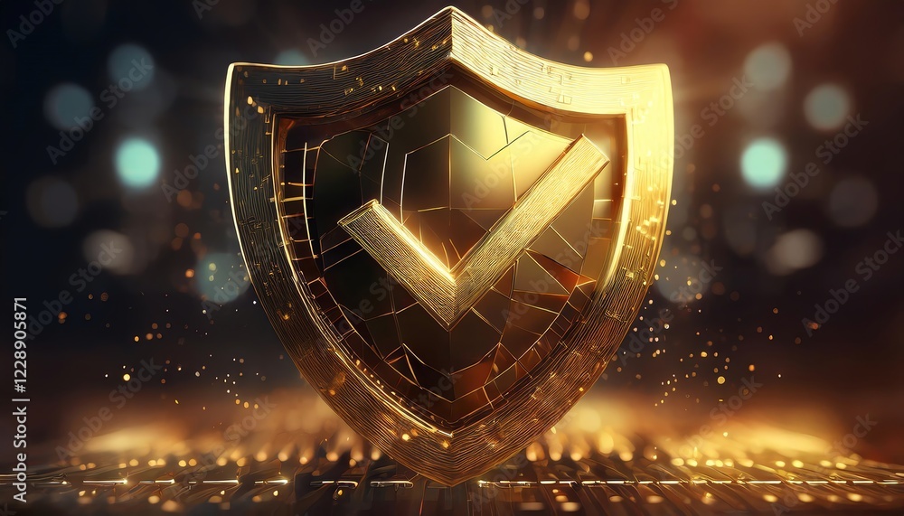 Poster a glowing golden shield with a checkmark symbolizing security and protection, surrounded by a soft b