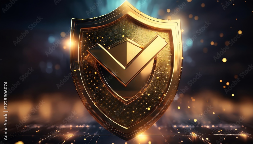 Poster a shiny golden shield with a check mark symbol, set against a sparkling background, representing sec