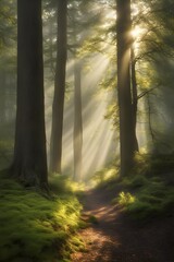 Fototapeta premium Fog covered forest in summer with mystic golden sunlight, AI generated