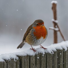 A small robin perched on a snowy fence post, its bright red chest standing out against the white surroundings.