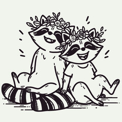Fototapeta premium Two cheerful raccoons wearing flower crowns sit together, exuding joy and friendship. Their playful demeanor is captured in a whimsical, minimalist style.