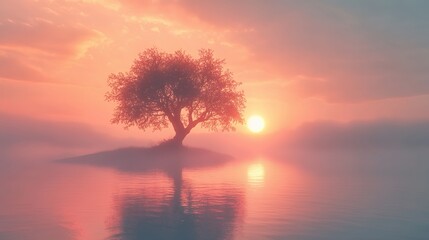 Obraz premium Solitary tree, misty sunrise lake, peaceful scene, nature background, serenity