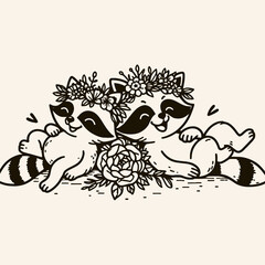 Two cute raccoons adorned with floral crowns cuddle together, surrounded by flowers, conveying a charming and playful vibe.