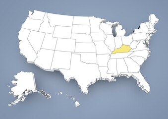 Kentucky, KY, highlighted on a contour map of USA, United States of America, 3D illustration
