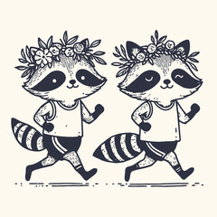 Two cute raccoons wearing floral crowns jog side by side, showcasing a playful and whimsical illustration.