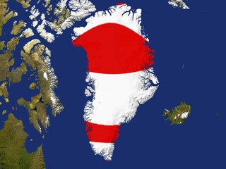 Satellite image of Greenland with the country's flag covering it © Jonathan Carlile/imageBROKER