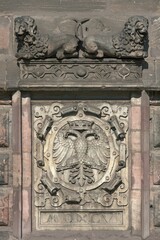 Relief, double-headed eagle of 1596 at the city wall, Königstorgraben, Nuremberg, Middle Franconia, Bavaria, Germany, Europe