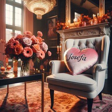 A cinematic medium shot of a cozy living space with a white armchair. The focal point is a pink heart-shaped pillow with the text
 "JOSEFA". 
Surrounding the pillow is an elegant arrangement of orange