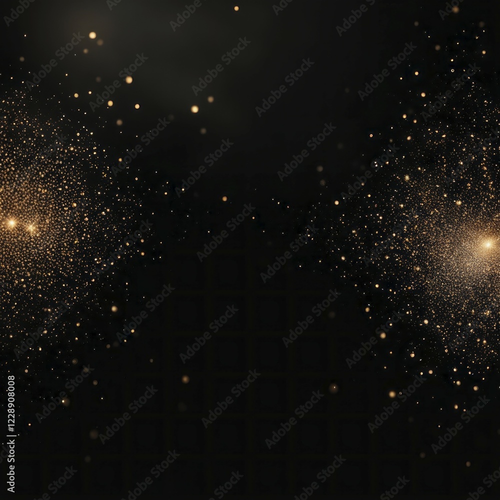 Poster two areas of glowing golden particles on a black background, creating a balanced and sparkling effec