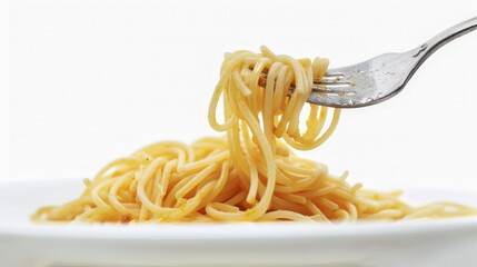Close-up of spaghetti twirled on a fork above a white plate against a white background, AI generated
