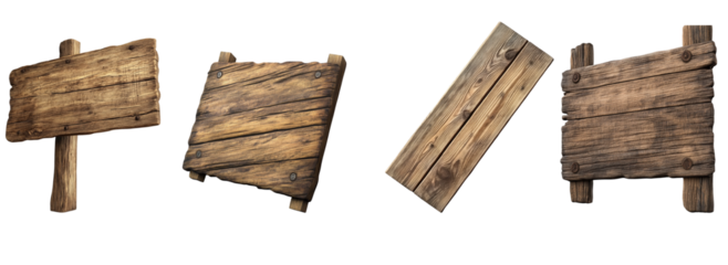 Wooden signboard viewed from the side showing isolated on transparent background