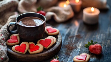 Romantic breakfast setting with heart-shaped cookies, strawberries, and a cup of hot cocoa.