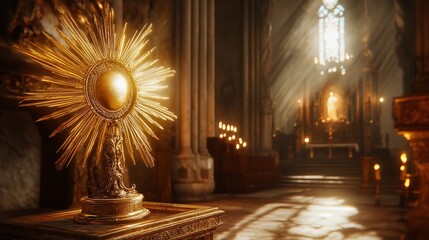 Obraz premium Catholic religion concept. Catholic symbols composition. The Cross, monstrance, Holy Bible and golden chalice on wooden altar.