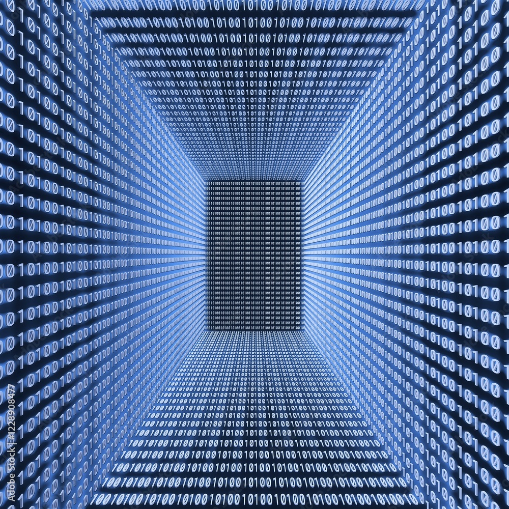 Poster empty room with binary code on the walls, 3d illustration