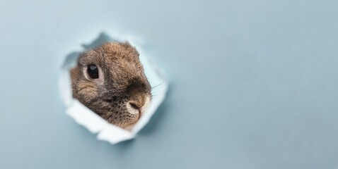 Easter rabbit, holiday in spring, copy space, greeting card, blue colored background