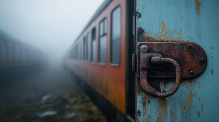 A wide-angle shot of multiple decaying trains lined up in a row, with eerie mist rolling between them, adding a sense of desolation and abandonment