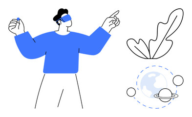 Man wearing VR headset, interacting with virtual objects, planets, and earth. Ideal for technology, innovation, exploration, VR future digital transformation education. Abstract line-flat metaphor