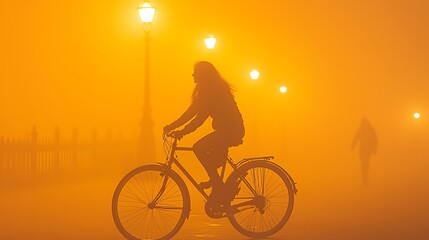 Obraz premium Cyclist riding through a foggy city park with dim streetlights illuminating the mist