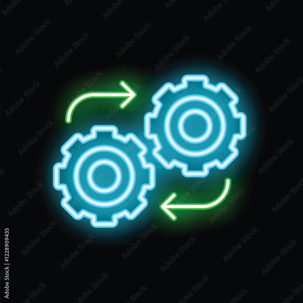 Poster neon gears turning and interacting with arrows showing workflow on a black background