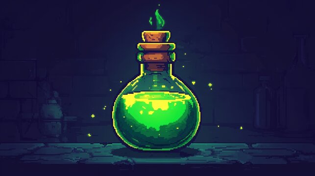 Glowing potion bottle, alchemy lab, pixel art, game asset