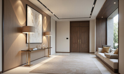 A contemporary hallway with a long, sleek console table made of glass and gold accents, flanked by two tall floor lamps in mocha