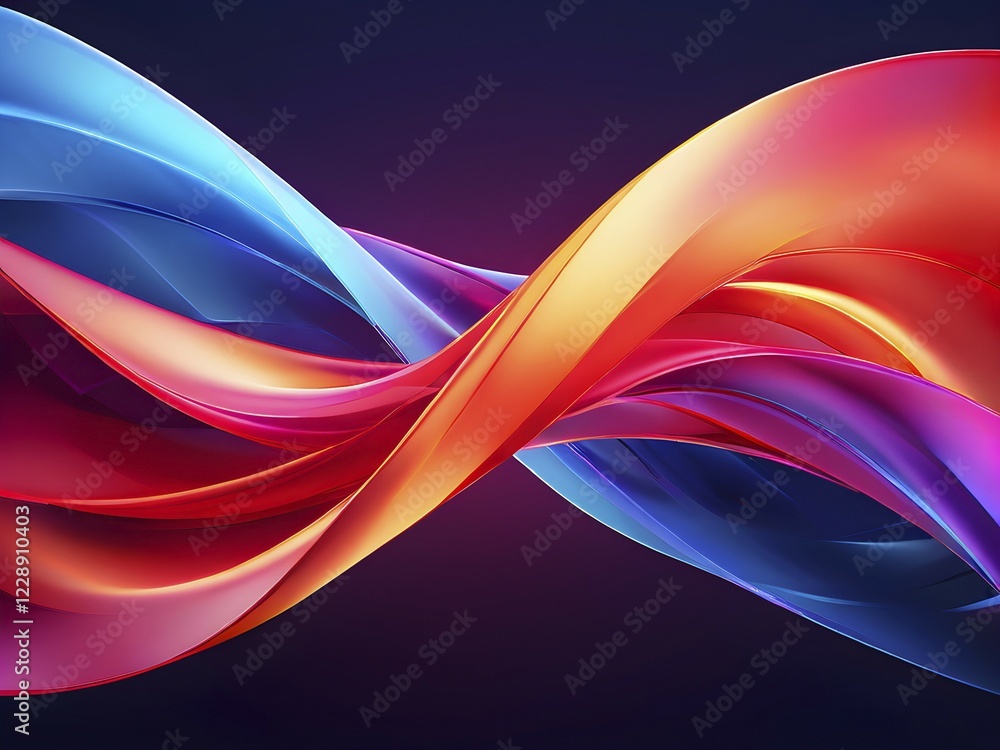 Poster illustration of abstract minimalist ribbon designs that rotate and change colors, creating a rhythm 