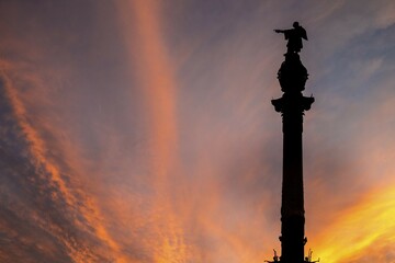 Columbus Monument, column at sunset, Barcelona, Catalonia, Spain, Europe