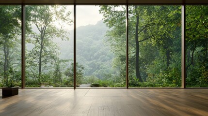 Naklejka premium Transform Your Living Space: A Room with a Grand Window Overlooking a Peaceful Forest for Mental Wellness