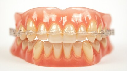 Obraz premium A detailed photo of well-aligned teeth with clear ceramic braces, professionally isolated on white.
