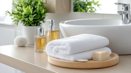 Embrace Serenity with a Plush White Towel Resting Elegantly on a Rustic Wooden Tray for Your Relaxing Bath Experience and Spa Days at Home