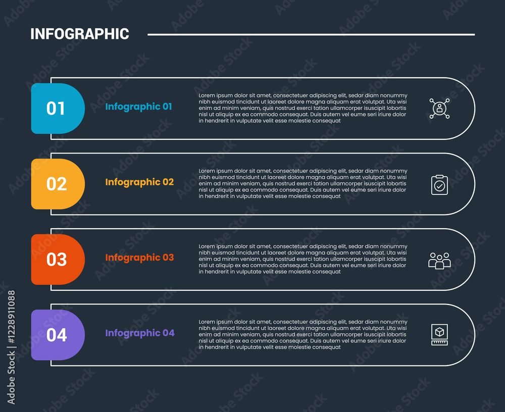 Poster process stages workflow infographic dark outline for slide presentation with round rectangle box con