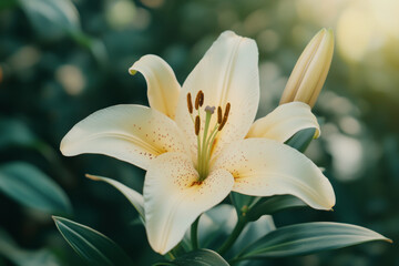 Obraz premium A blooming white lily flower against a background of soft green and gold flecks. The lily petals are white and flawless, with dark stamens in the center, which look particularly elegant.