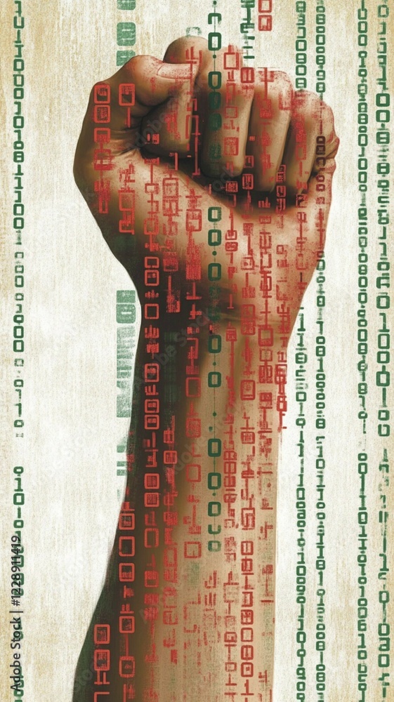 Aufkleber hand in a fist surrounded by red and green binary code, portraying digital struggle, ai generated