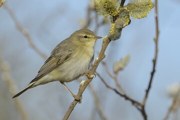 Willow Warbler (Phylloscopus trochilus) perched on a catkins bush, Texel, West Frisian Islands, province of North Holland, The Netherlands, Europe