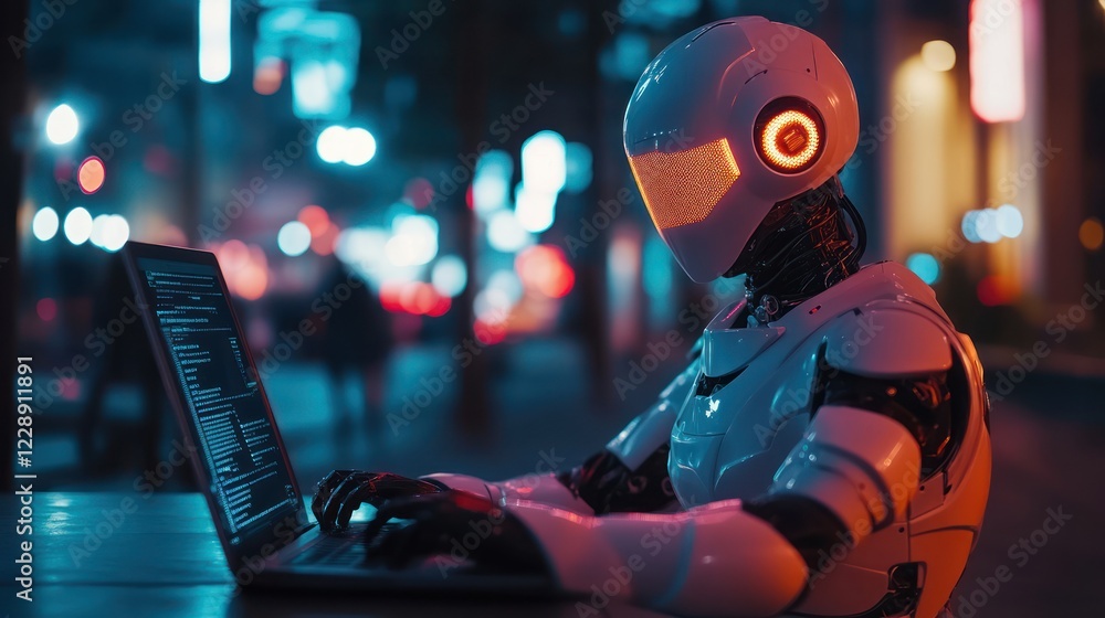 Poster futuristic robot coding on laptop at night.