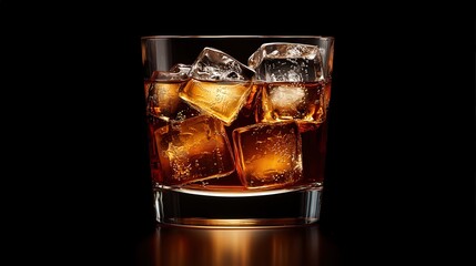 An isolated macro shot of ice cubes melting in a glass of cola, with reflections of warm lighting
