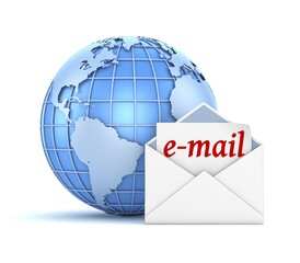 E-mail concept with world and envelope, This is a 3d computer generated image. Isolated on white