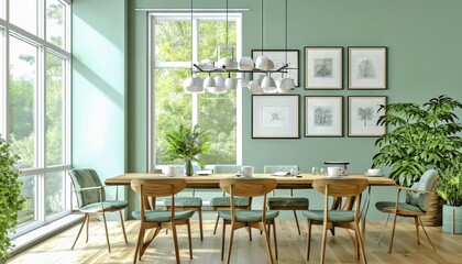 Fototapeta premium Sunlit modern dining room with green walls and stylish wooden furniture, AI generated