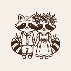 Fototapeta premium A cute illustration of two raccoons dressed elegantly, holding hands, featuring floral accessories, conveying a whimsical, romantic theme.