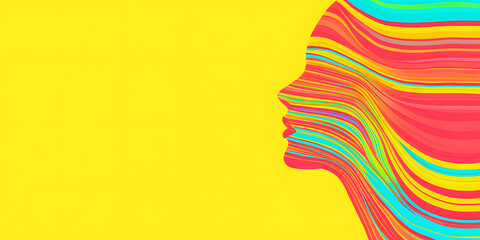 Flat illustration of a woman face made with colorful rainbow stripes against yellow background with copy space for International Women's Day