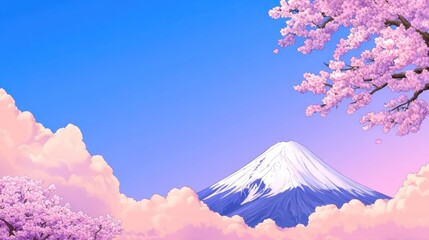 Anime-style Illustration of Snow-capped Japanese Mountain with Cherry Blossoms - Mount Fuji Concept Art