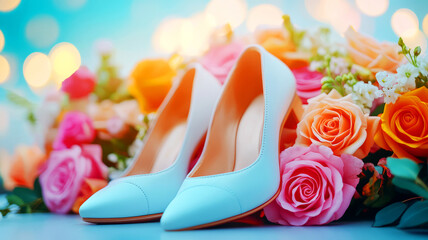 Elegant White High Heels Surrounded by Colorful Roses on a Blurred Romantic Background