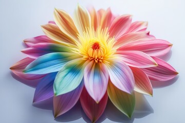 Fototapeta premium Macro image of a colorful rainbow flower with intricate petal details on a clean white background, emphasizing its unique and bold beauty