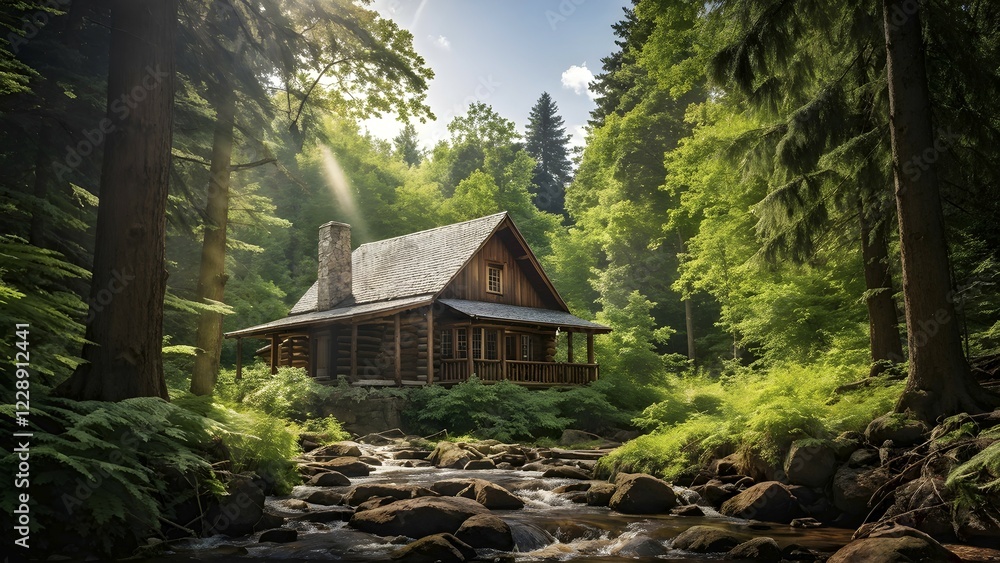 Aufkleber rustic log cabin nestled in a dense evergreen forest with a river with whitewater in the foreground,