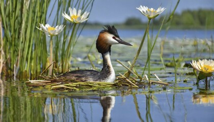 Ai generated, animal, animals, bird, birds, biotope, habitat, a, individual, swims, waters, reeds, water lilies, blue sky, foraging, wildlife, summer, seasons, great crested grebe (podiceps cristatus), breeds, nest