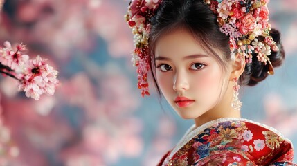 Graceful Japanese Woman Wearing Kimono amidst Beautiful Cherry Blossoms