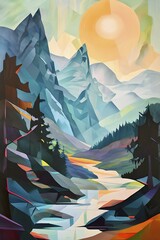Abstract canvas illustration of a serene nature hike scenery with majestic mountains, AI generated