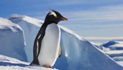 Fototapeta premium AI generated, animal, animals, bird, birds, biotope, habitat, one, individual, blue sky, winter, ice, snow, foraging, wildlife, summer, seasons, southern rockhopper penguin (Eudyptes chrysocome)